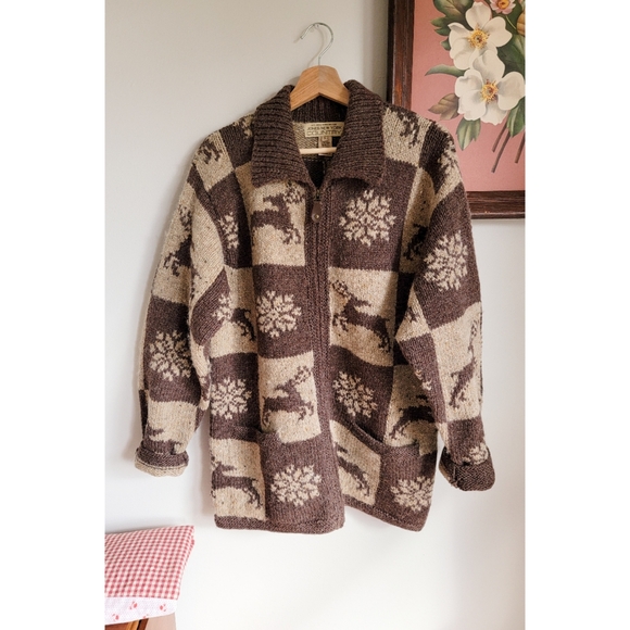 Vintage Wool Cowichan Style Sweater Wool Zip Front w/ Neutral Winter Patchwork - Picture 10 of 15